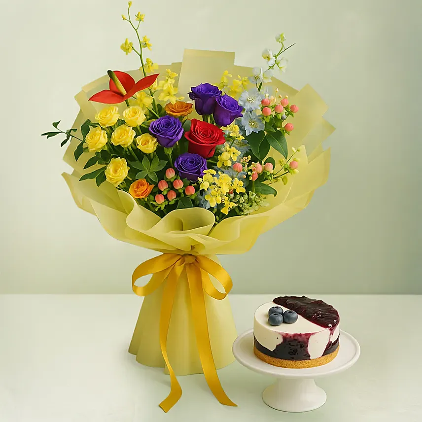 Cherished - Mix Blooms Bouquet & Blueberry Cheesecake: Gift Combos Singapore