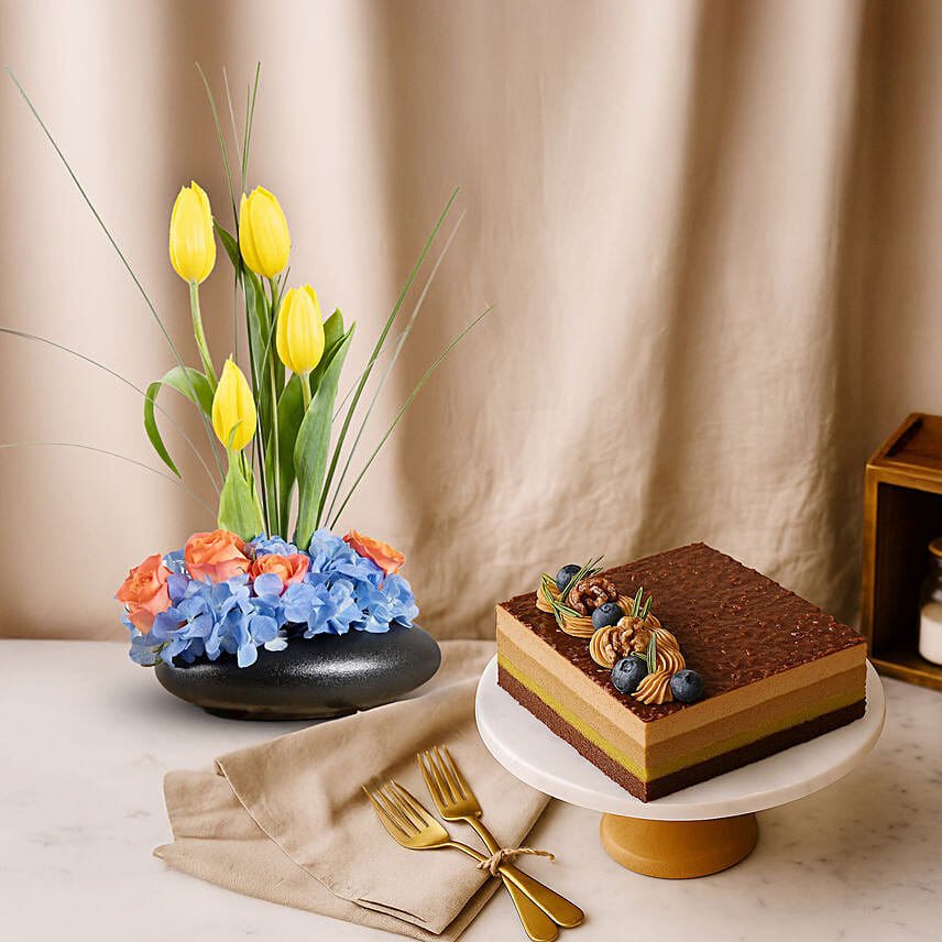 Dubai Hazelnut Chocolate Cake with Tulip and Hydrangea Radiance: 
