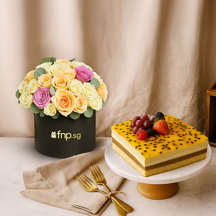Dubai Passionfruit Chocolate Cake and Mix Roses Bundle: Dubai Chocolate-cakes