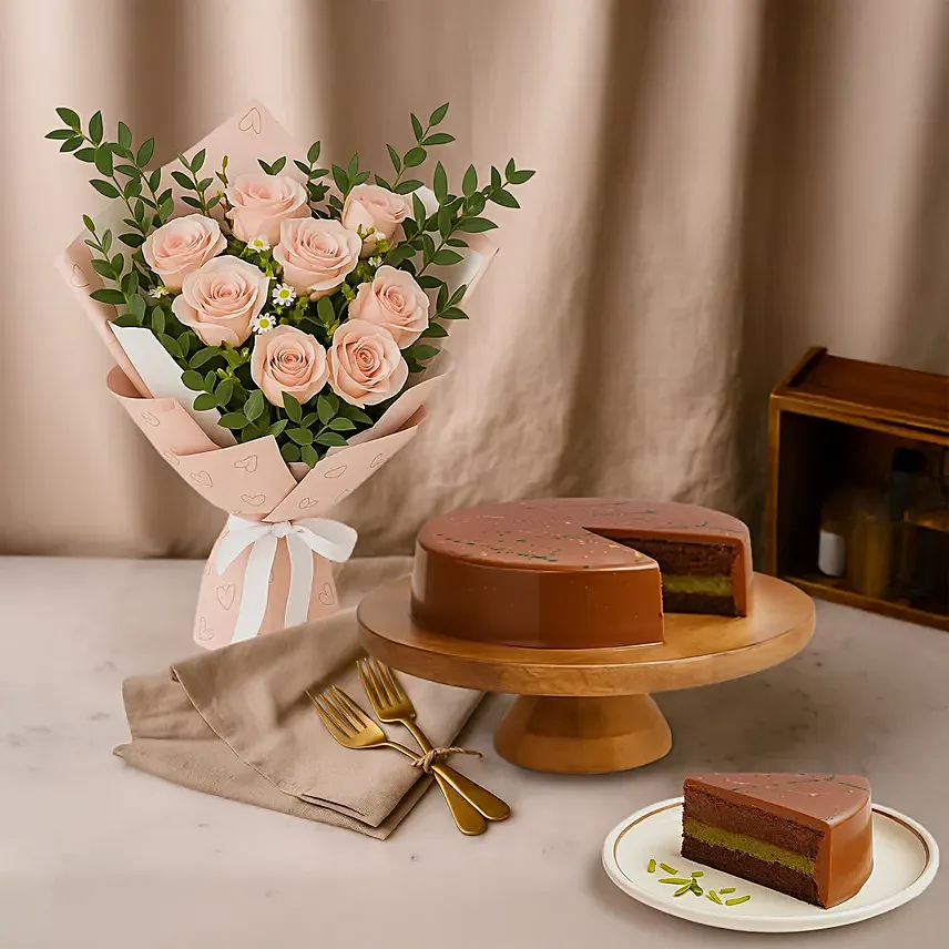 Titanic Roses and Dubai Chocolate Cake Bundle: Flowers and Cake Delivery Singapore