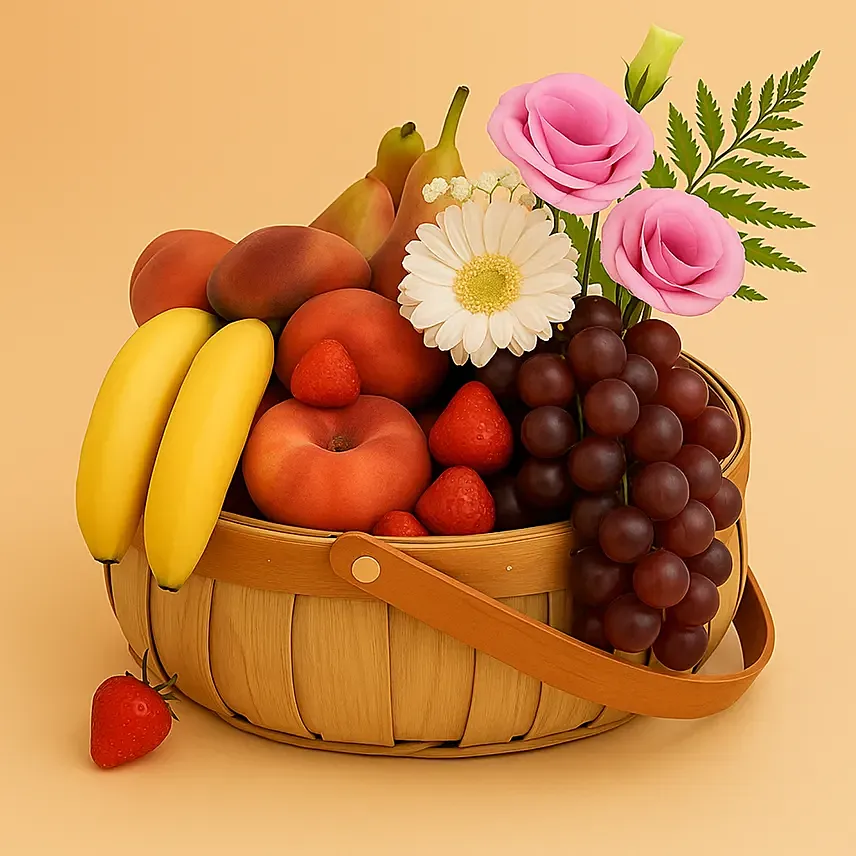 Mixed Flowers & Assorted Fruits Round Basket: Get Well Soon Bouquets