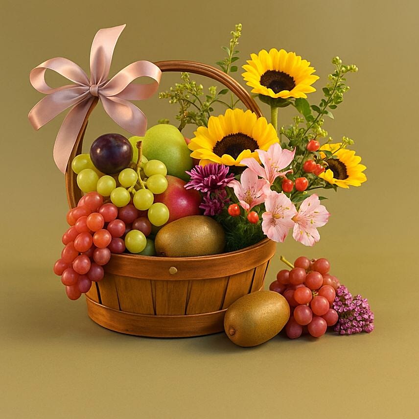 Beautiful Mixed Flowers & Fruits Basket: Combo Gifts