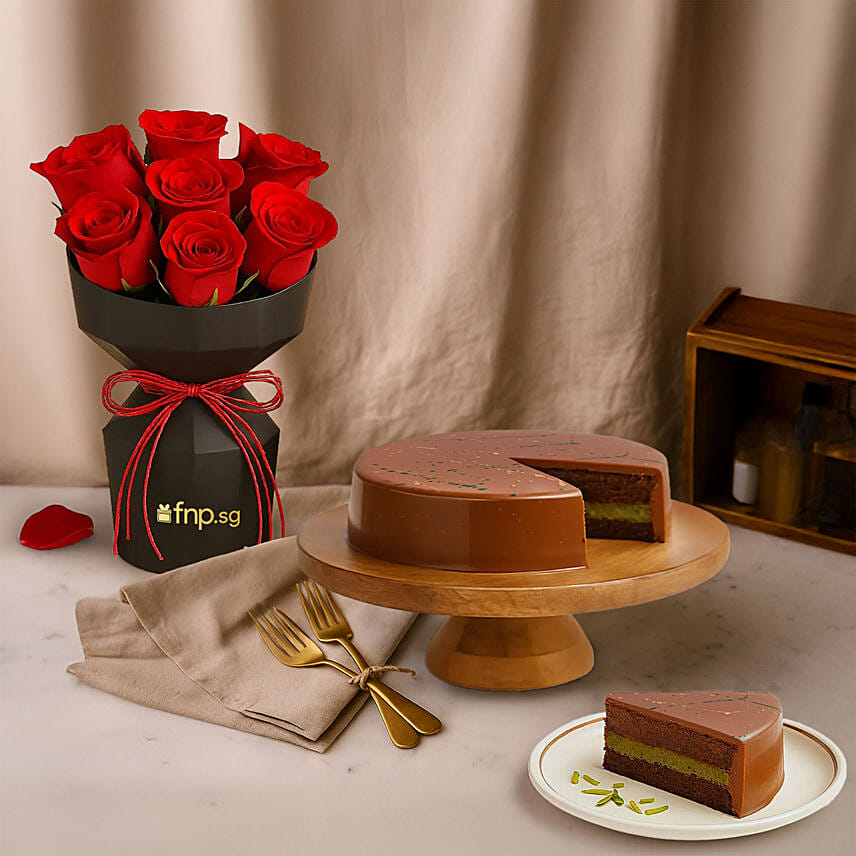 Red Roses Premium Chocolate Pistachio Cake Gift Combo: 