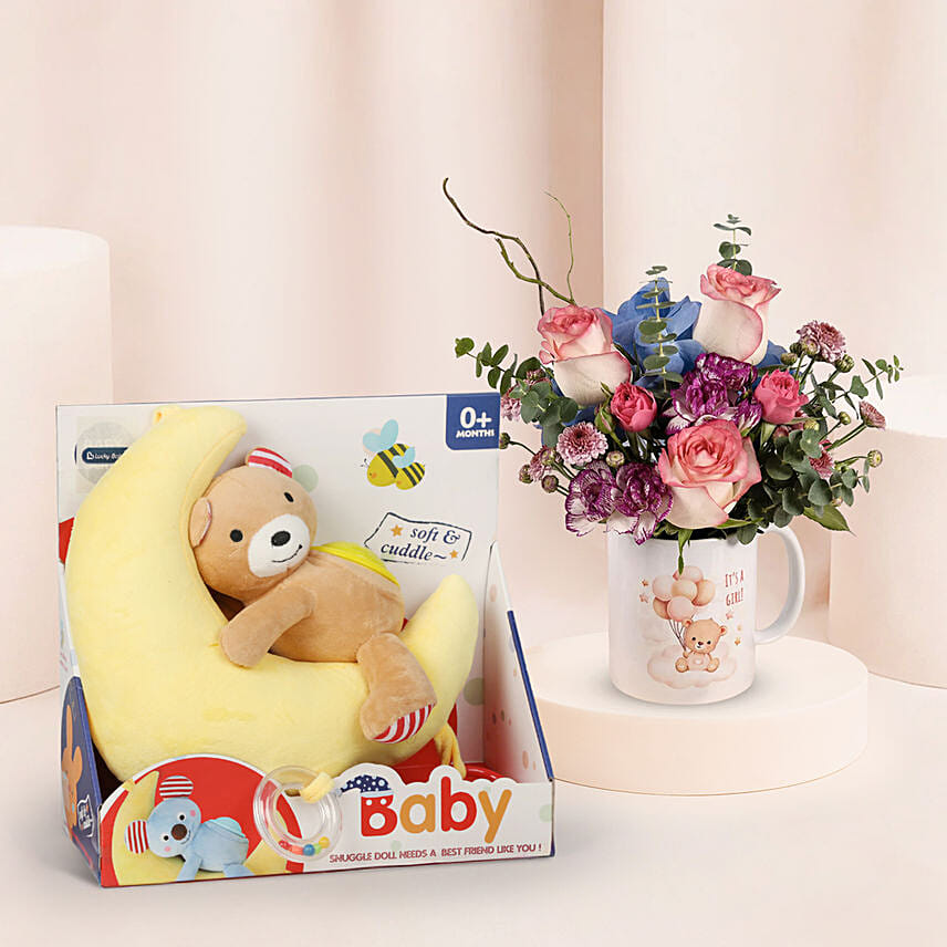 New Born Girl Flowers and Cozy Toy: 