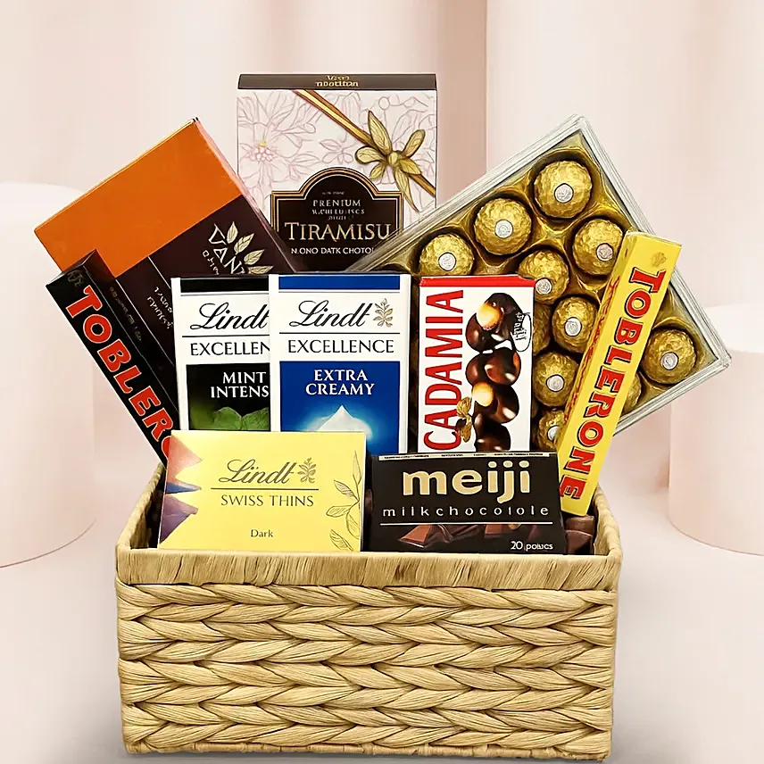 Exotic Chocolates Brown Willow Basket: Graduation Gifts Singapore