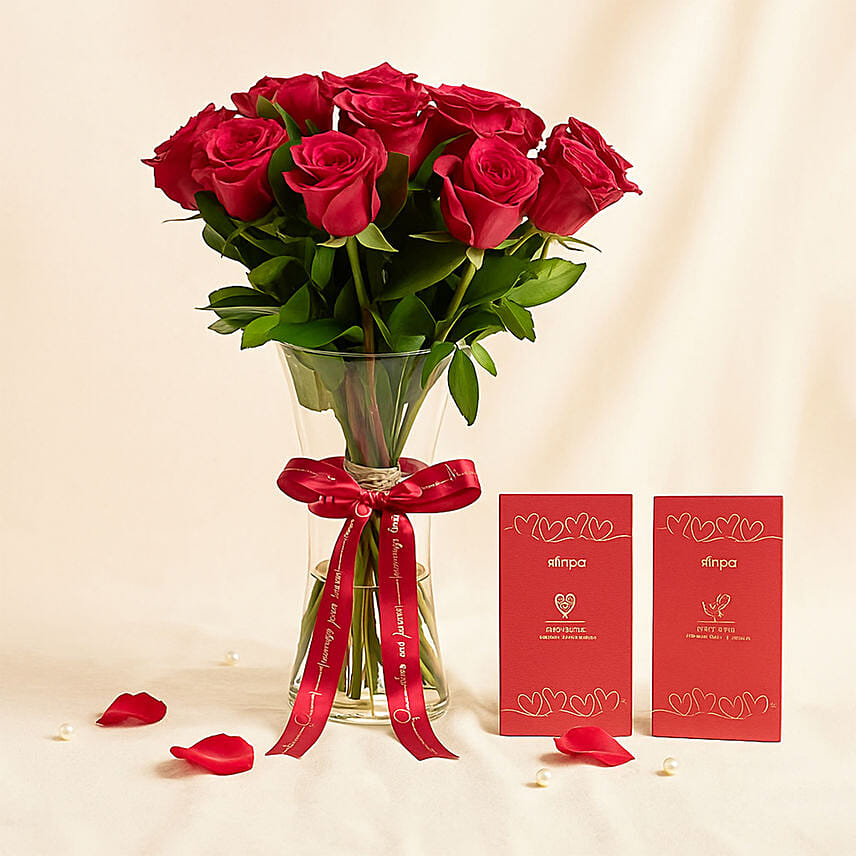 Ravishing Romance Vase With Chocolates Bar: Valentine's Chocolates & Flowers