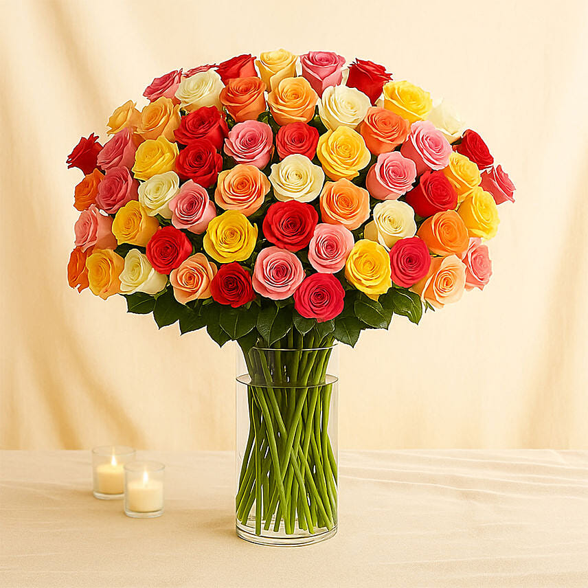 Bunch of 99 Mixed Roses In Glass Vase: 99 Roses