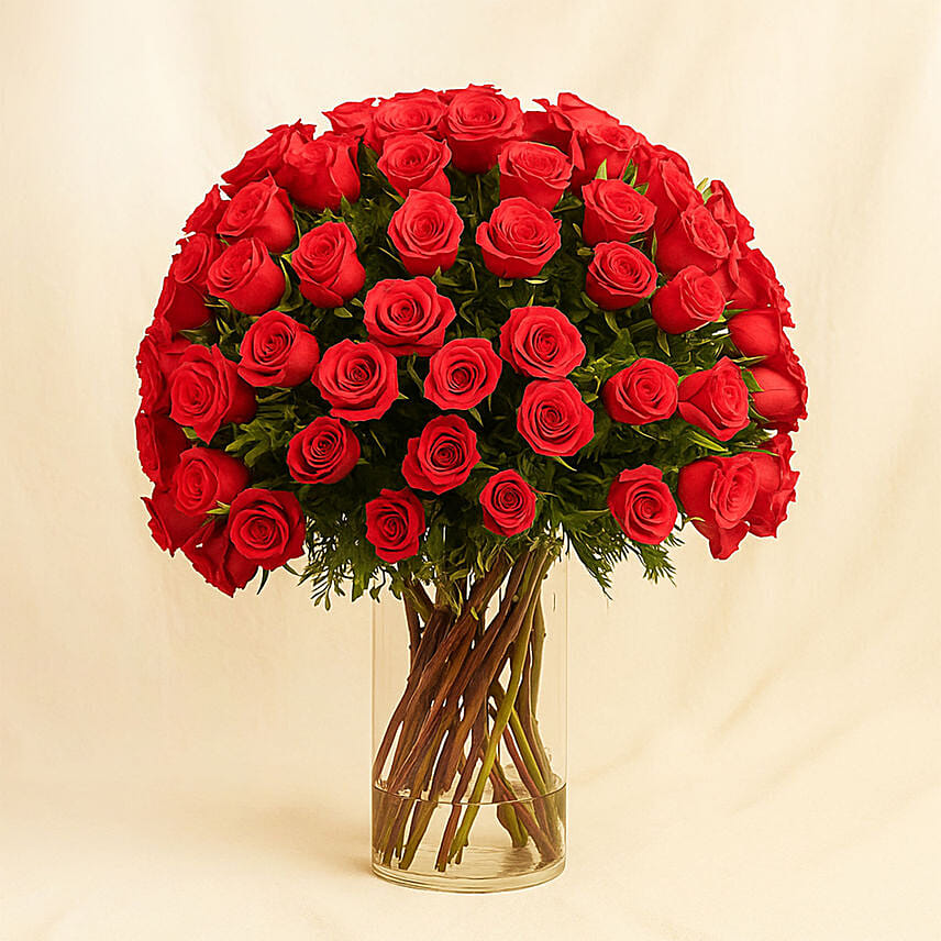 Ravishing 99 Red Roses In Glass Vase: 99 Roses Bouquet
