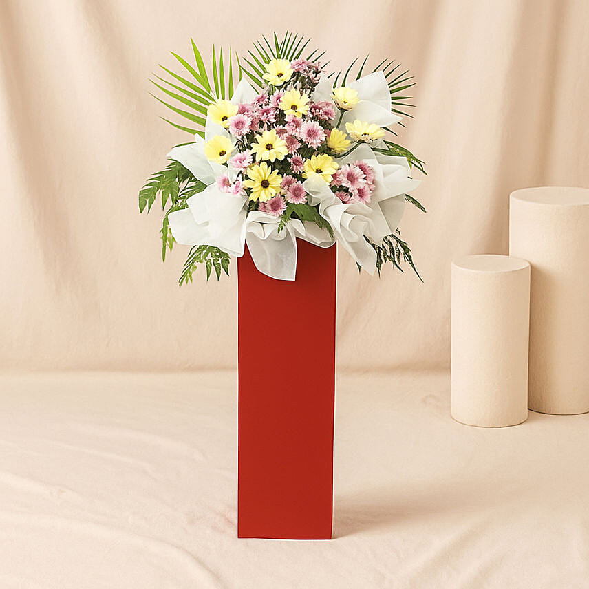 Gerberas Purple Pom In Beautiful Red Stand: Grand Opening Flower Stand