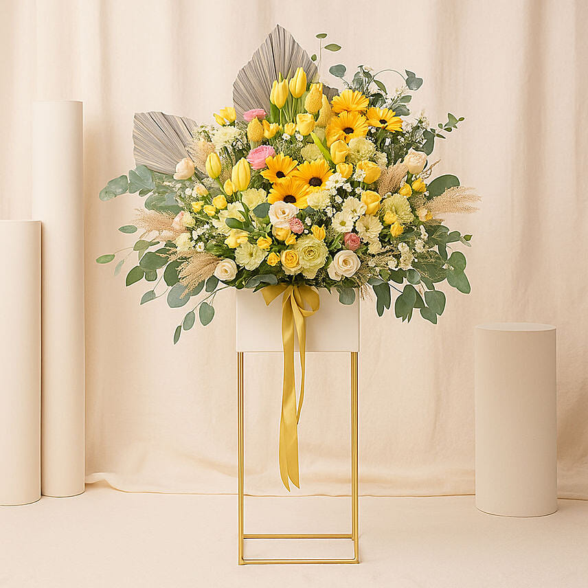 Graceful Mixed Flowers Golden Stand: Grand Opening Flowers