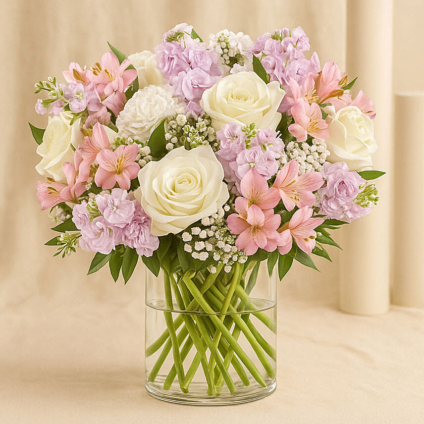 Pink And White Floral Bunch In Glass Vase: 