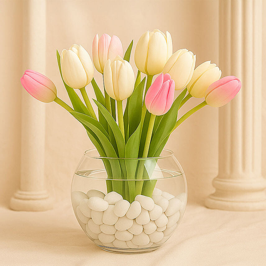 10 Tulips in Fish Bowl: Table Centerpieces 