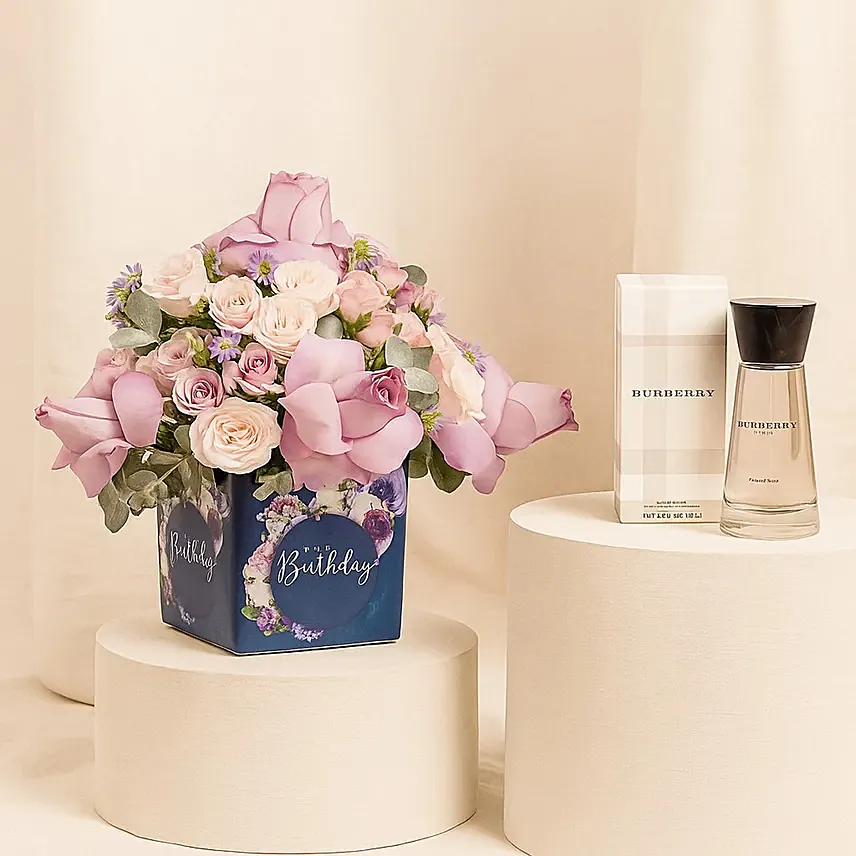 Birthday Roses Arrangement N Perfume: Flowers and Perfume Delivery