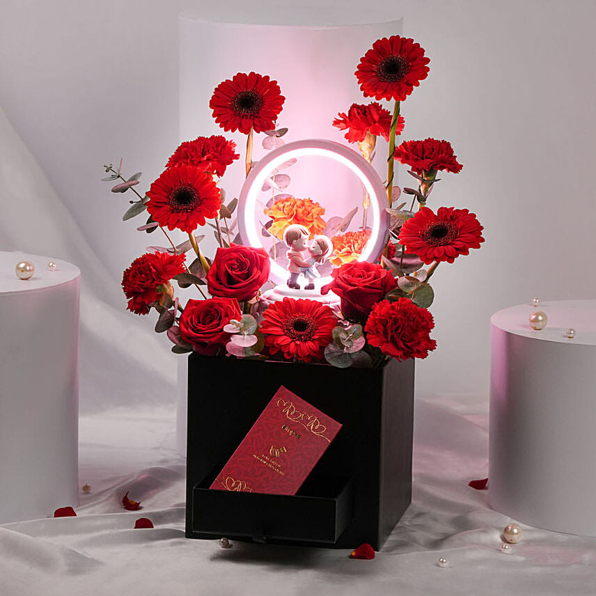 Romantic Floral Box with Love Lamp & Sweet Treats: Flowers in a Box