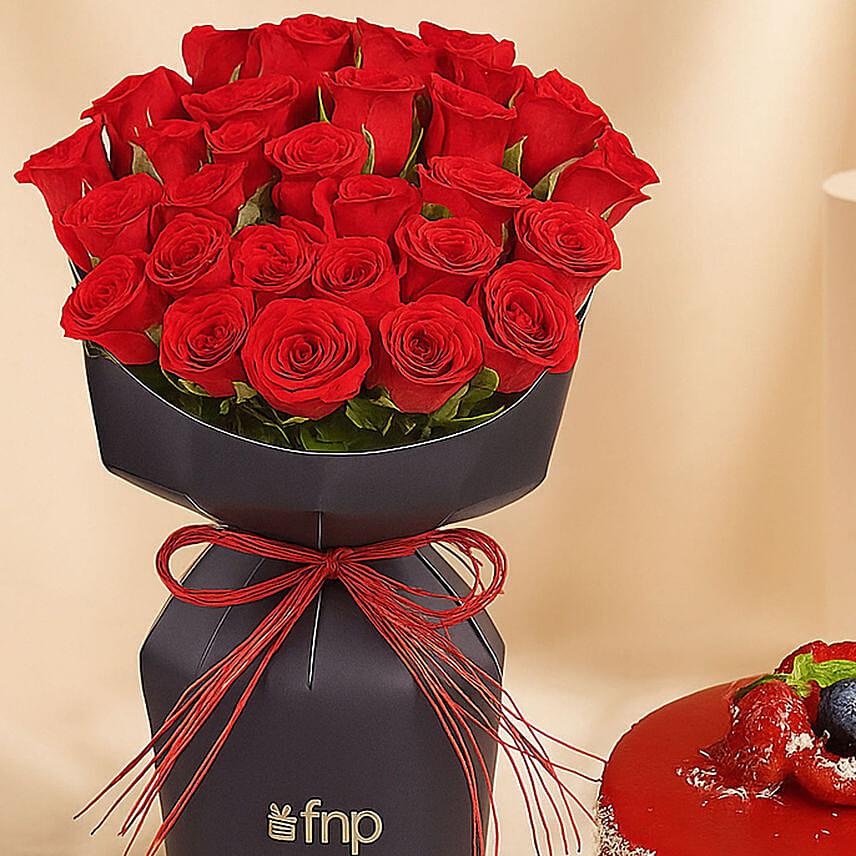 Red Velvet Whispers Of Rose with Cake Delivery in Singapore - FNP SG