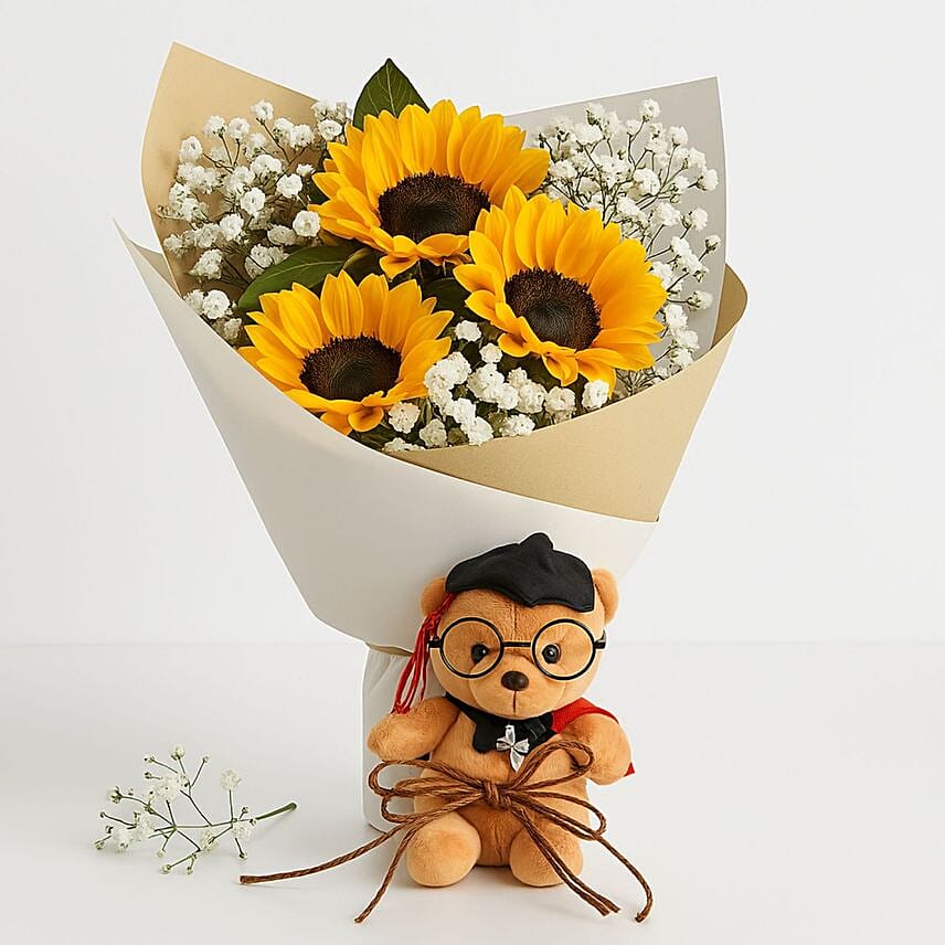 Sunflower Graduation Bouquet with Cute Teddy: Stuffed Toys 