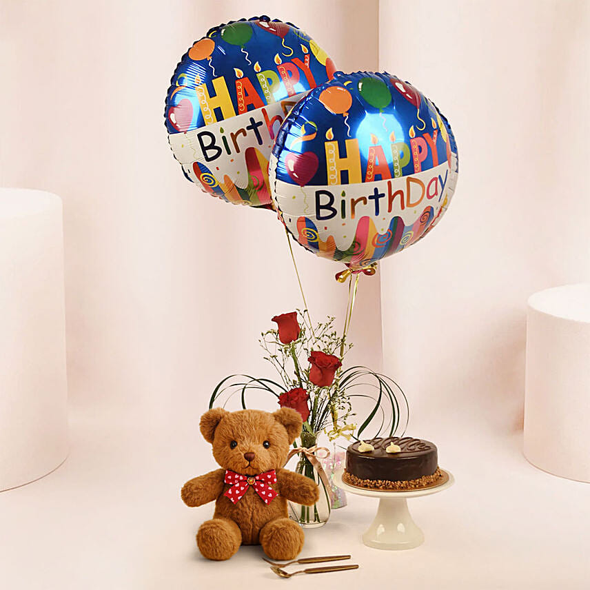 Birthday Surprise Combo with Roses, Cake, Teddy & Balloons: Stuffed Toys 