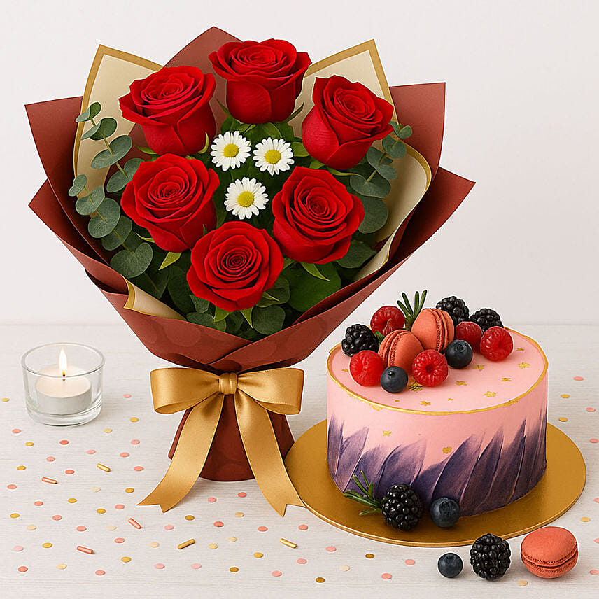 Elegant Red Rose Bouquet with Red Velvet Designer Cake: Cake and Flowers 
