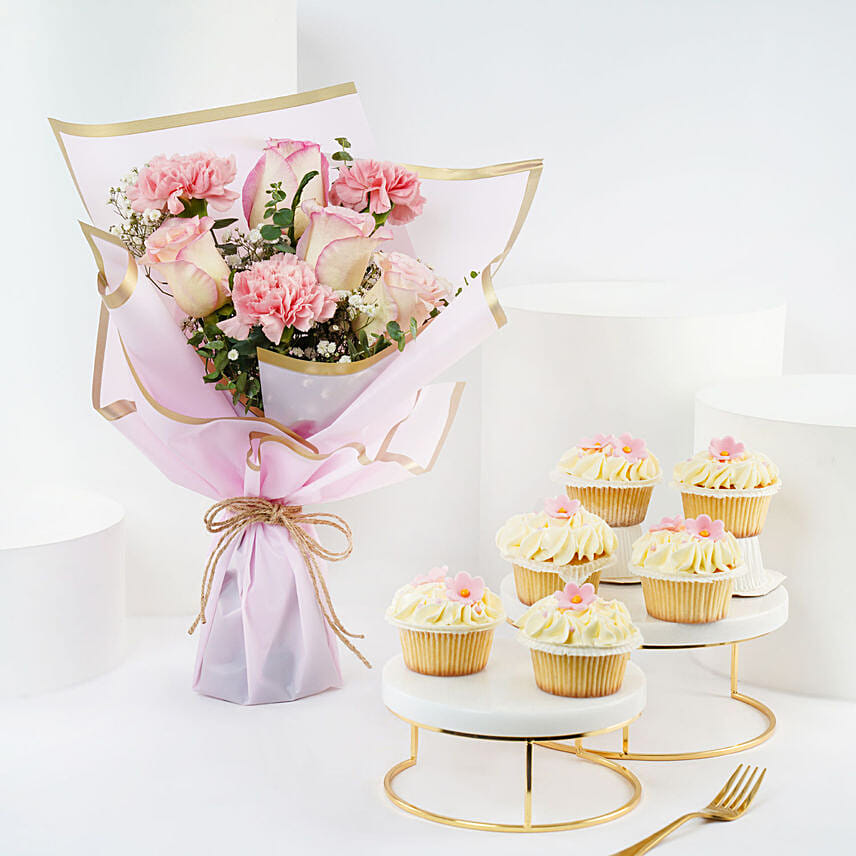 Flowers and Cupcakes Combo – Pink Blooms & Vanilla Treats: International Women's Day Flowers
