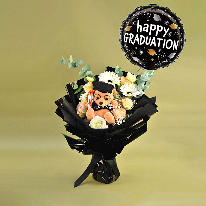 Graduation Bouquet with Teddy & Balloon Surprise: Stuffed Toys 