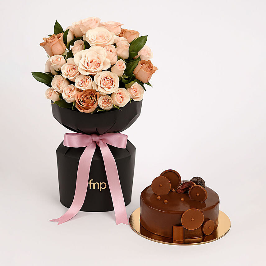 Premium Rose Bouquet with Decadent Cake: Flower Boxes Singapore