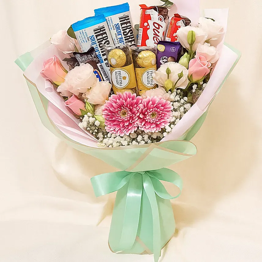 Flowers and Chocolate Bouquet with Pink Elegance: Chocolates Delivery Singapore