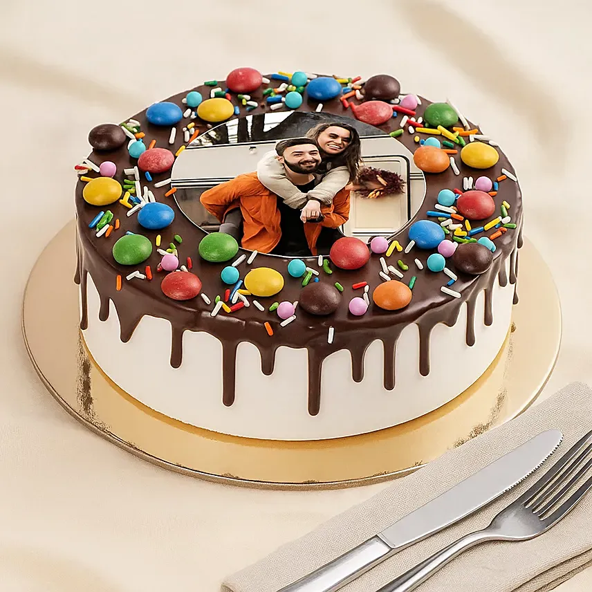 Chocolate Drip Mnm Photo Cake 6 Inches For Anniversary: Photo Cake