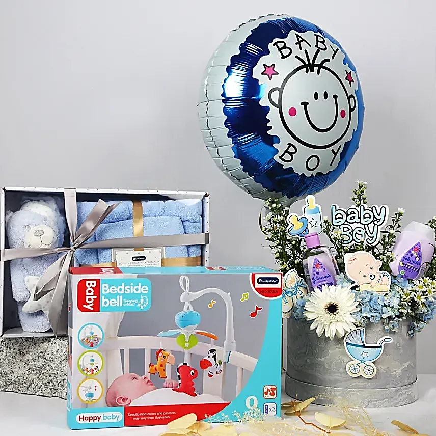 Its a Baby Boy Flowers Arrangement giftset with Balloon: Newborn Gifts Singapore
