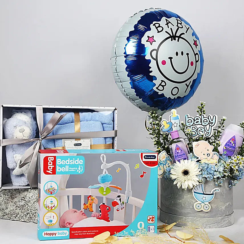Its a Baby Boy Flowers Arrangement giftset with Balloon: Newborn Gifts Singapore