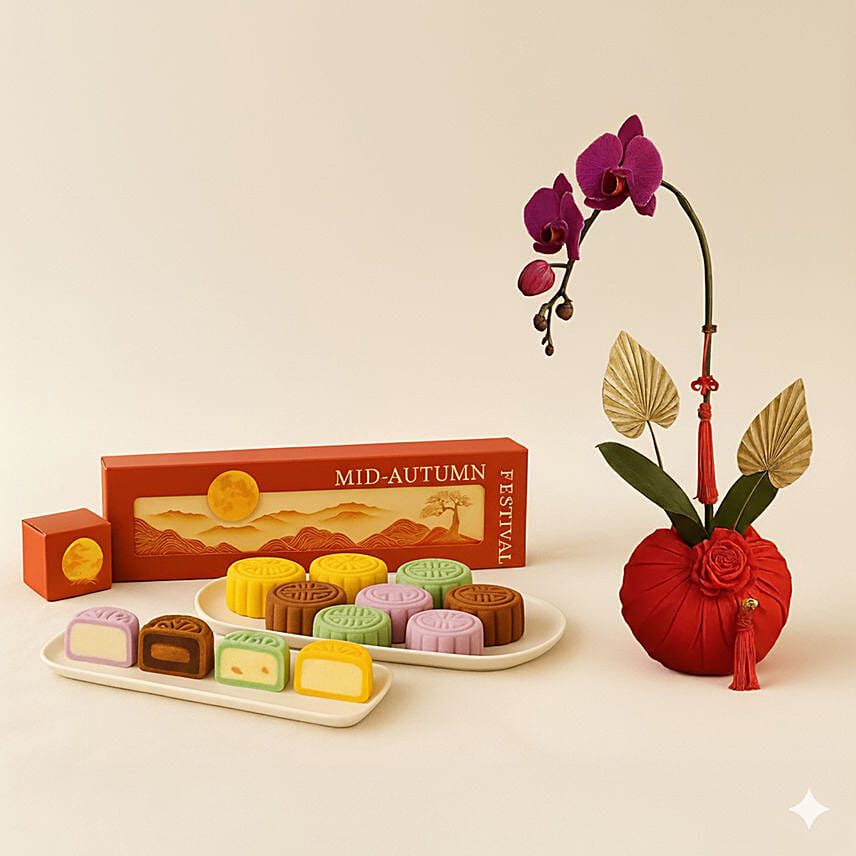 Mid-Autumn Snowskin Mooncakes Box of 8 with Phalaenopsis Orchid Gift Set: Mooncake Delivery Singapore