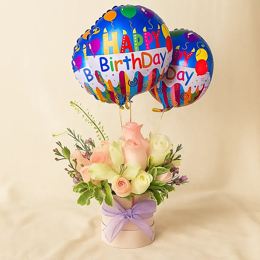 Flowers and Balloons Bouquet with Birthday Flair: Balloon Bouquets
