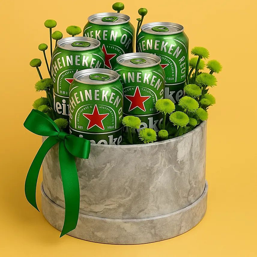 Green Button & Heineken Beer Round Gift Box: Wine And Flowers