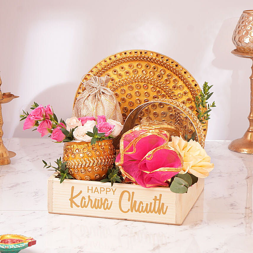 Karwa Chauth Pooja Thali Set with Flowers & Nuts: Karwa Chauth Gifts