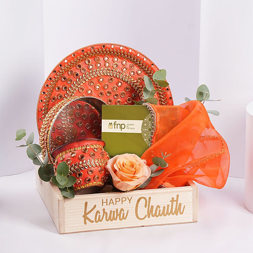 Karwa Chauth Pooja Thali Set with Flowers & Kaju Katli: Karwa Chauth Gifts