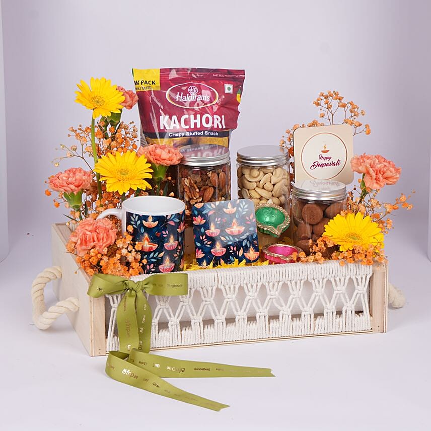 Elegant Diwali Hamper with Nuts, Diyas & Flowers: Deepavali Hampers