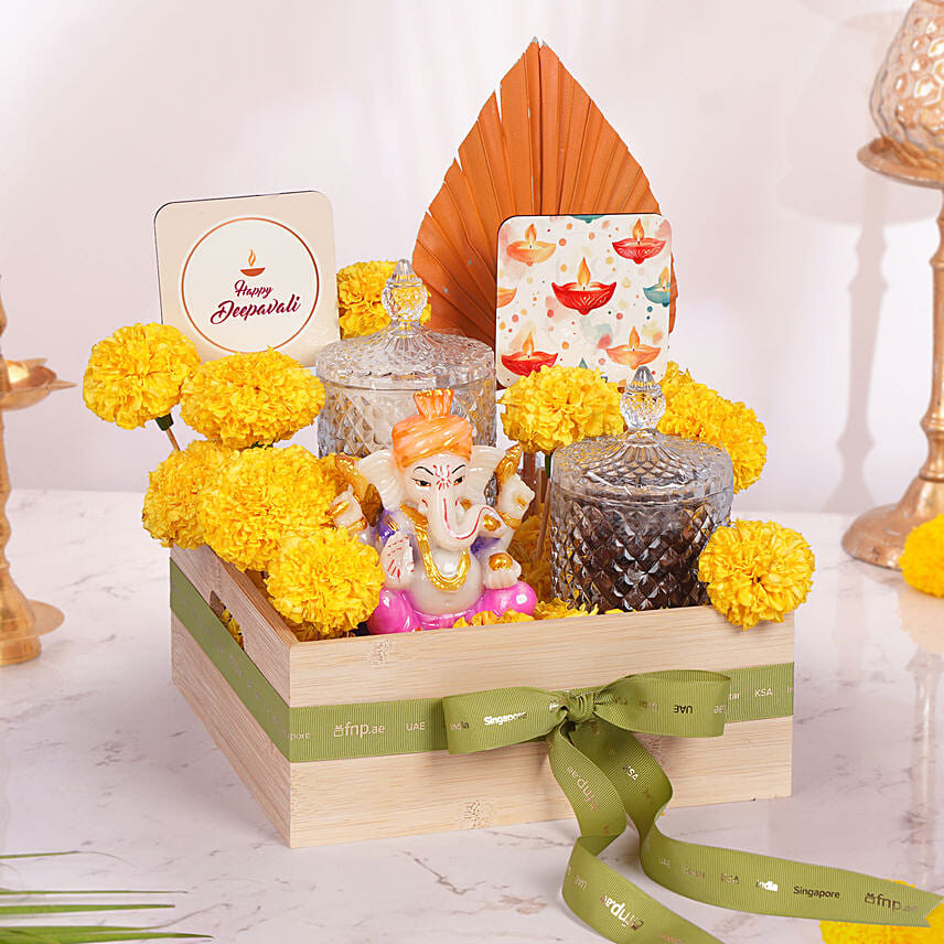 Ganesh Blessings Festive Gift Hamper with Dry Fruits & Flower: Deepavali Gifts Singapore