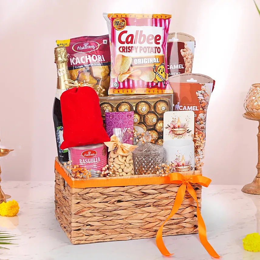 Grand Deepawali Gift Hamper with Sparkling Drink, Dry Fruits & Treats: Deepavali Combo Gifts