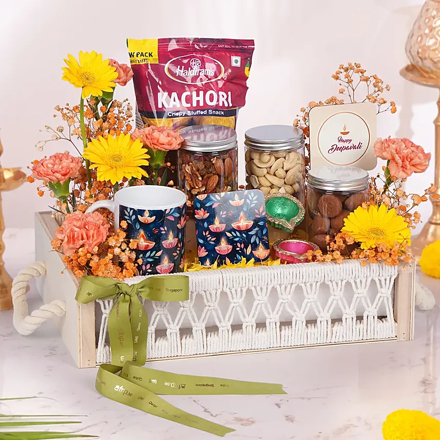 Elegant Diwali Hamper with Nuts, Diyas & Flowers: Deepavali Combo Gifts