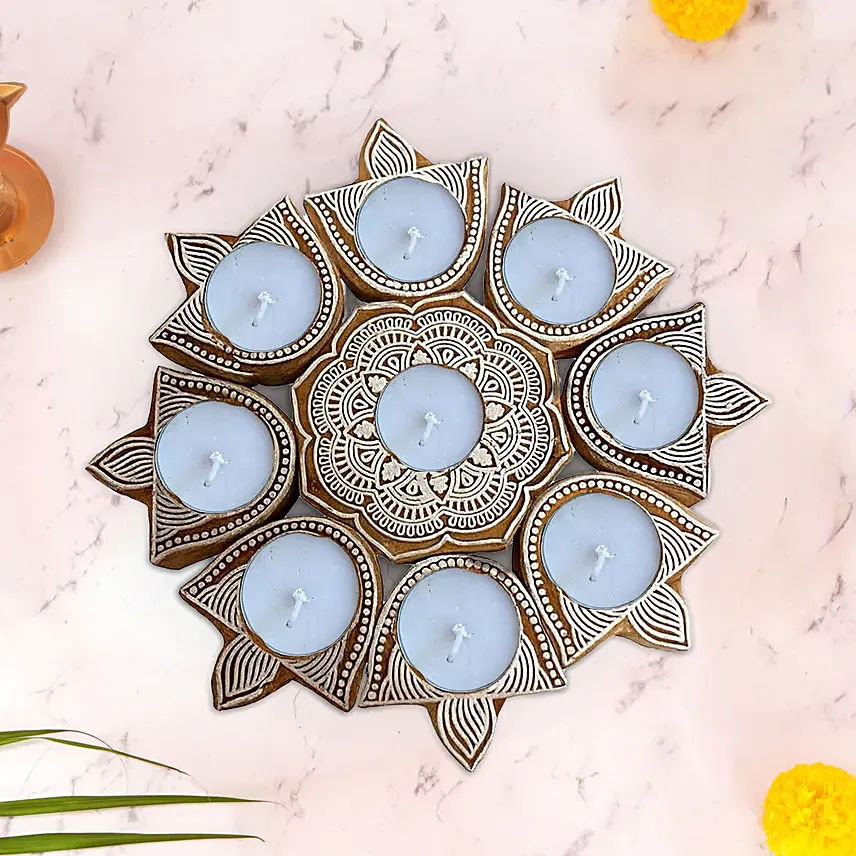 9 Designer Wooden Tea Light Holder: Deepavali Diyas