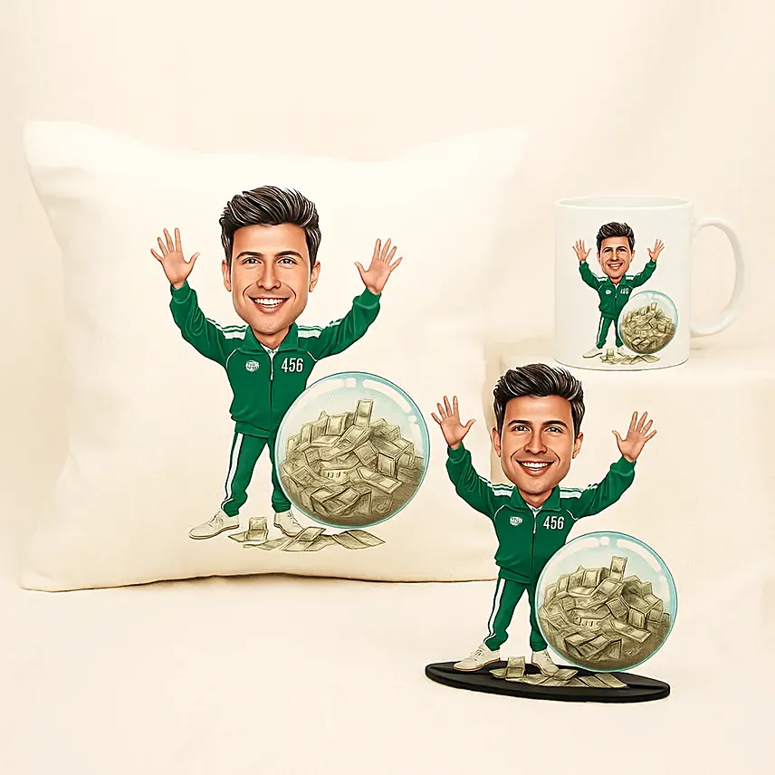 Personalised Caricature Style Green Tracksuit No. 456 Gift Set: Personalised Caricatures Gifts
