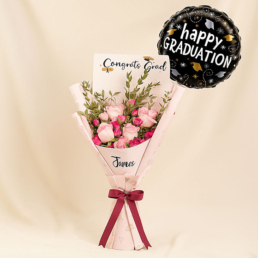 Congrats Grad Roses Bouquet with Balloon: Graduation Personalised Gifts