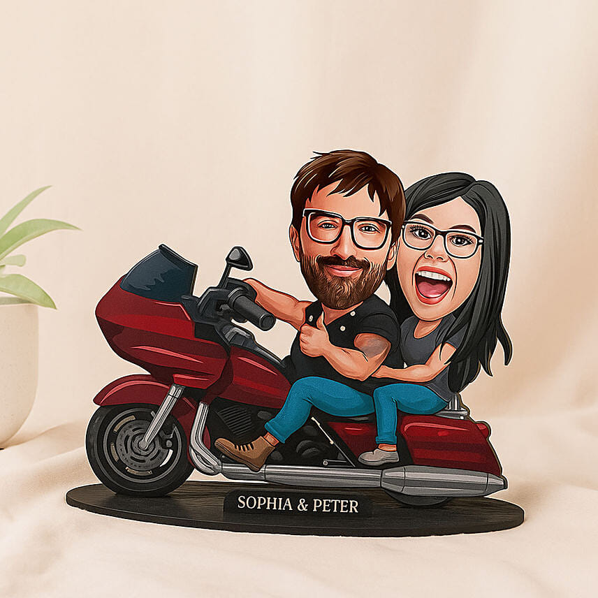 Custom Couple on Motorcycle Caricature Art: Personalised Caricatures Gifts