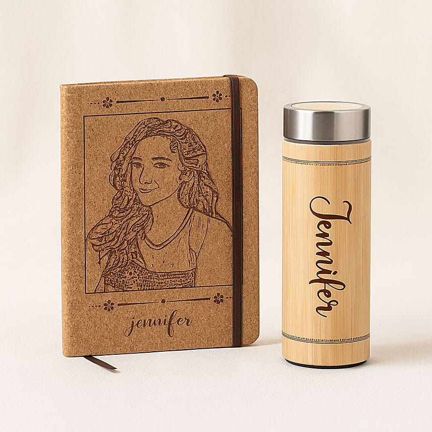 Engraved Notebook and Flask Combo: Womens Day Personalised Gifts