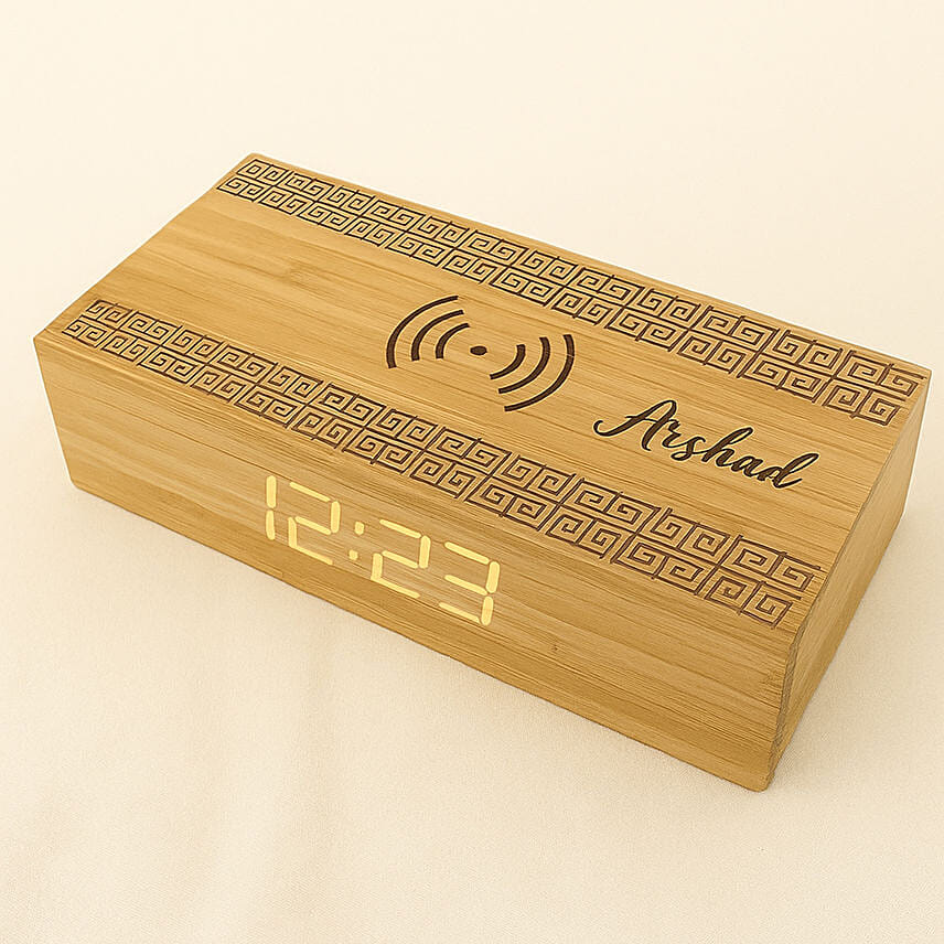 Engraved Text Bamboo Wireless Charger with Clock: Personalised Engraved/For Kids