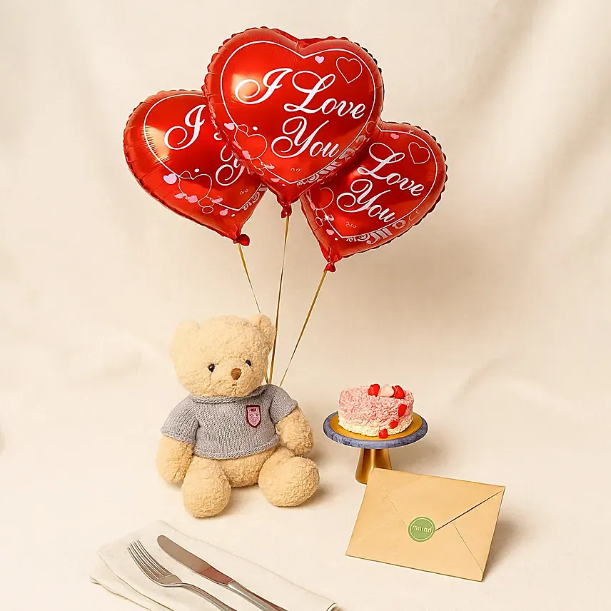 I Love You Balloon Set with Chocolate Cake & Teddy: Balloon Bouquets Delivery