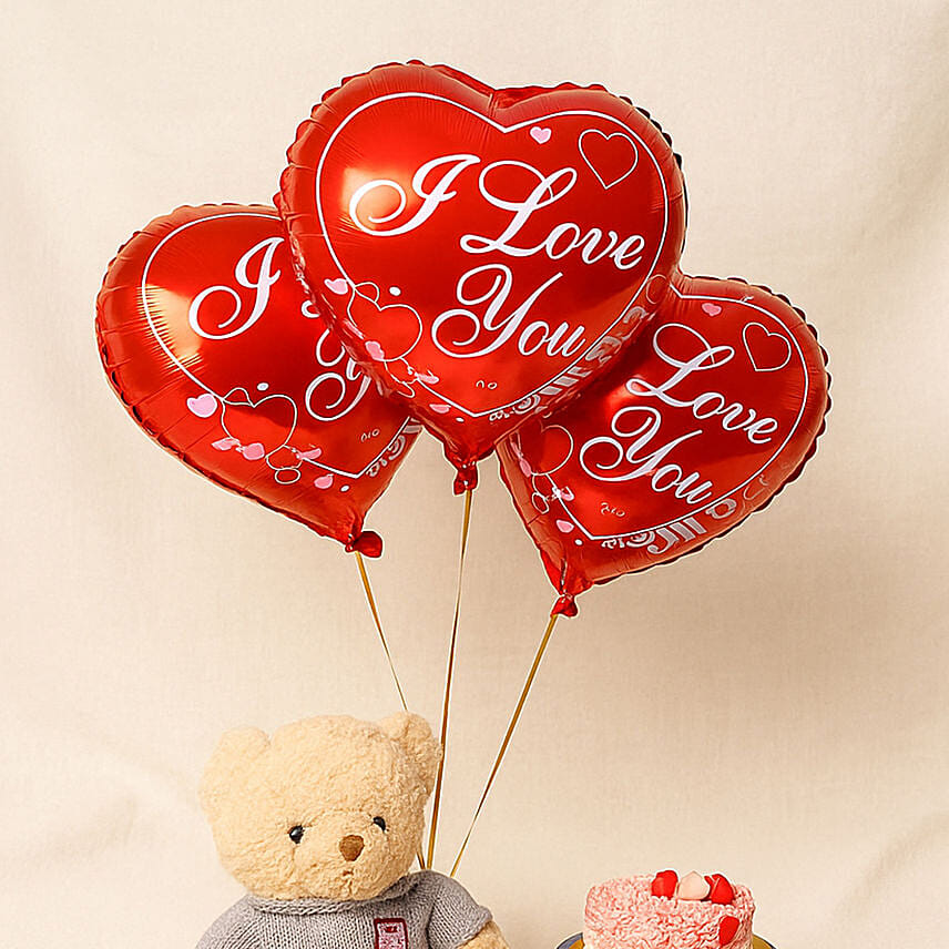 I Love You Balloon Set with Chocolate Cake & Teddy Delivery in ...