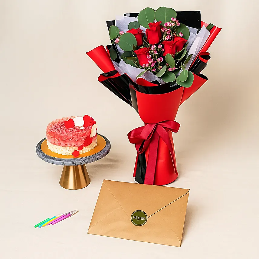 Red Roses N Chocolate Cake Surprise Combo: Flowers And Cake For Anniversary