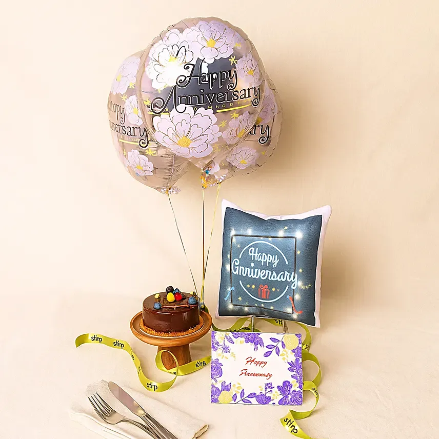 Anniversary Surprise Gift Arrangement: Flowers With Personalised Gifts