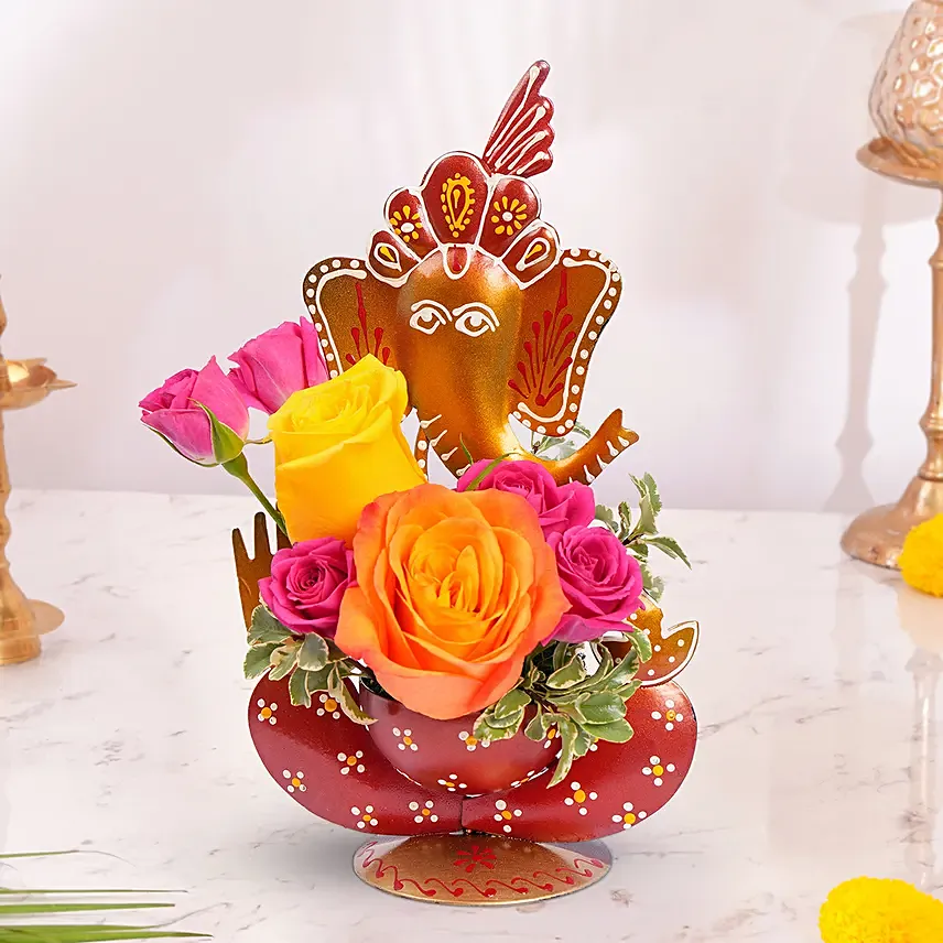 Handcrafted Ganesha Idol With Roses: Fresh Flowers 