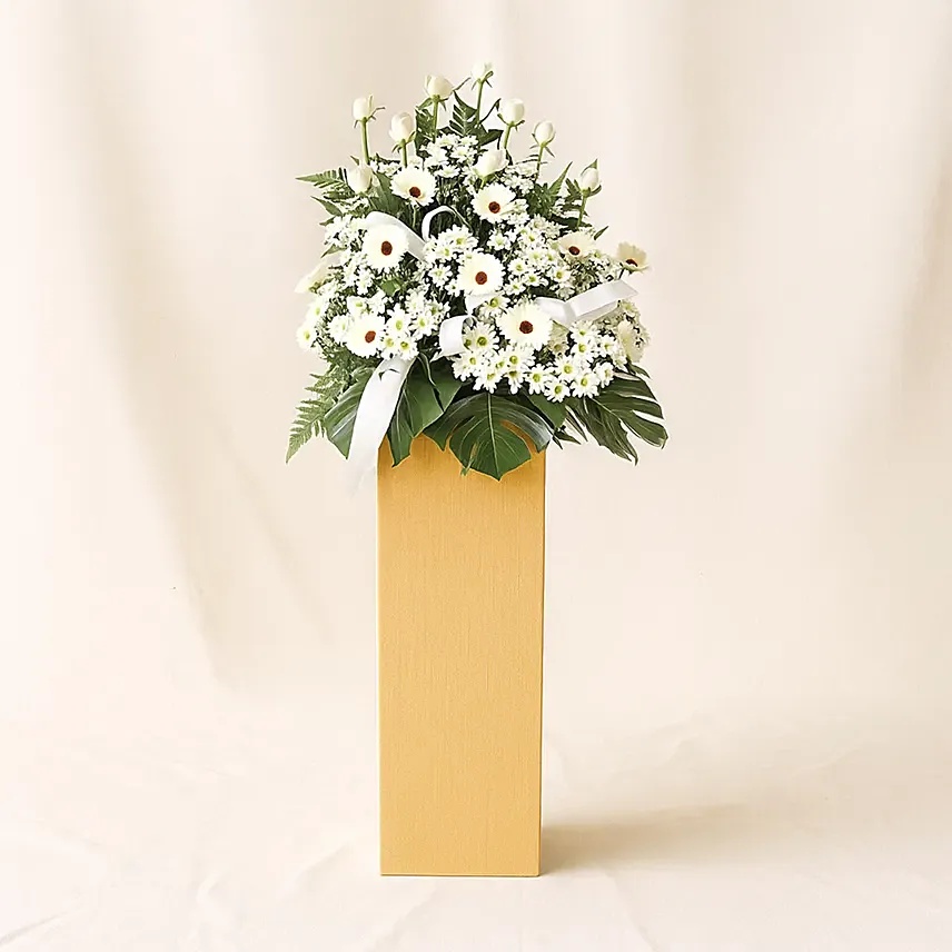 Serene Mixed Flowers Brown Stand Arrangement: Condolence Flower Stands